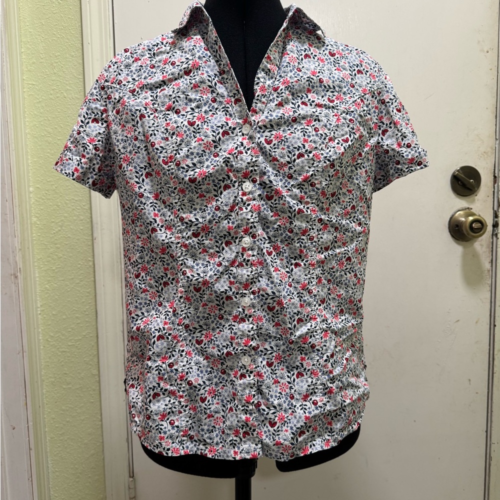 Karen Scott Floral Button-Up Blouse - Red,Blue and White Size MP